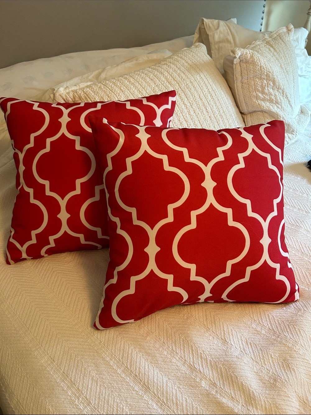 Red and White Geometric Throw Pillow Pair